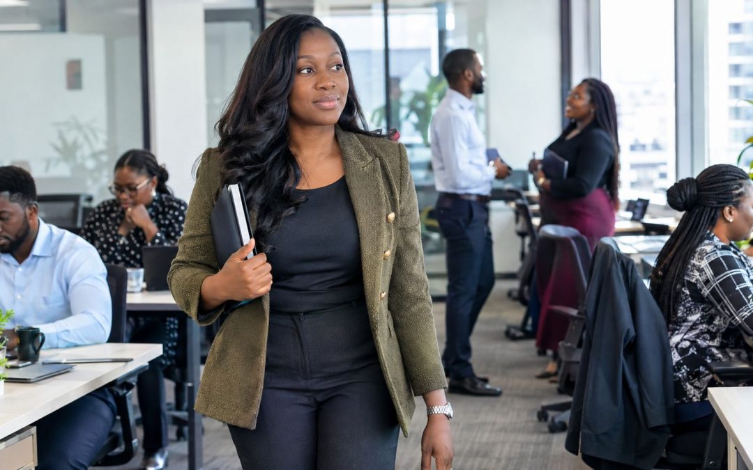 Black African Professional navigating a a busy workplace while colleague work and interact in the background