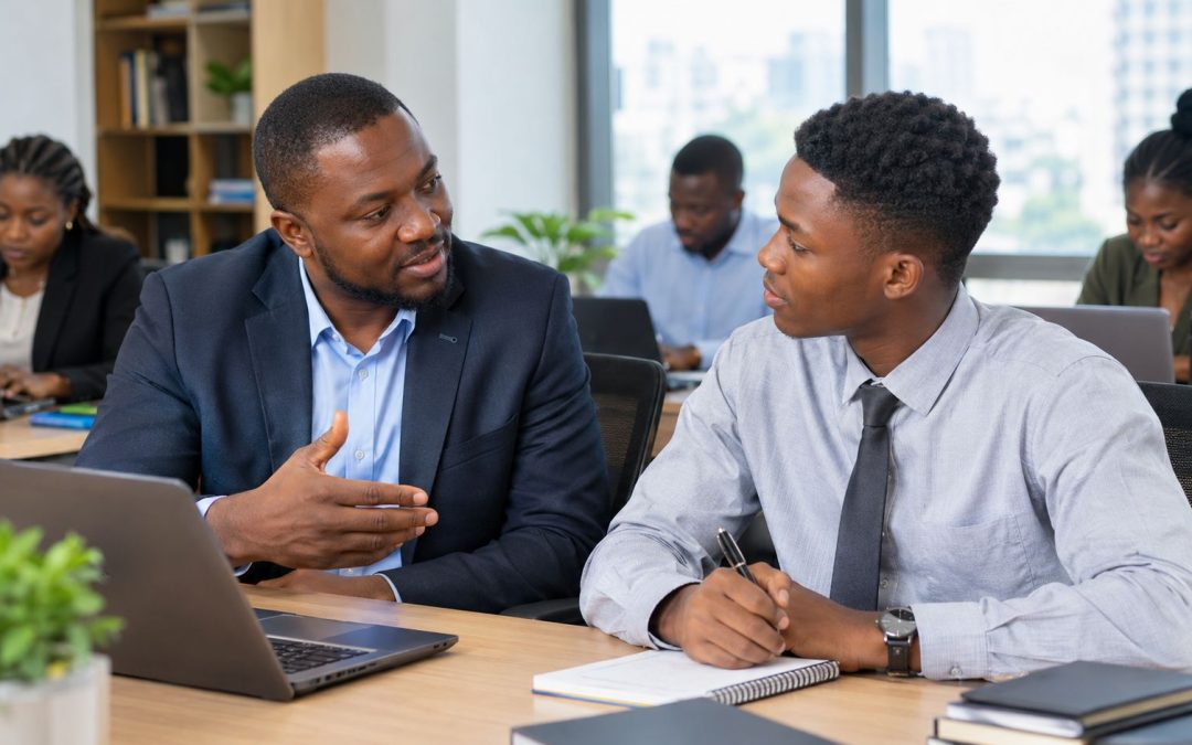 African manager mentoring a young professional in the workplace.
