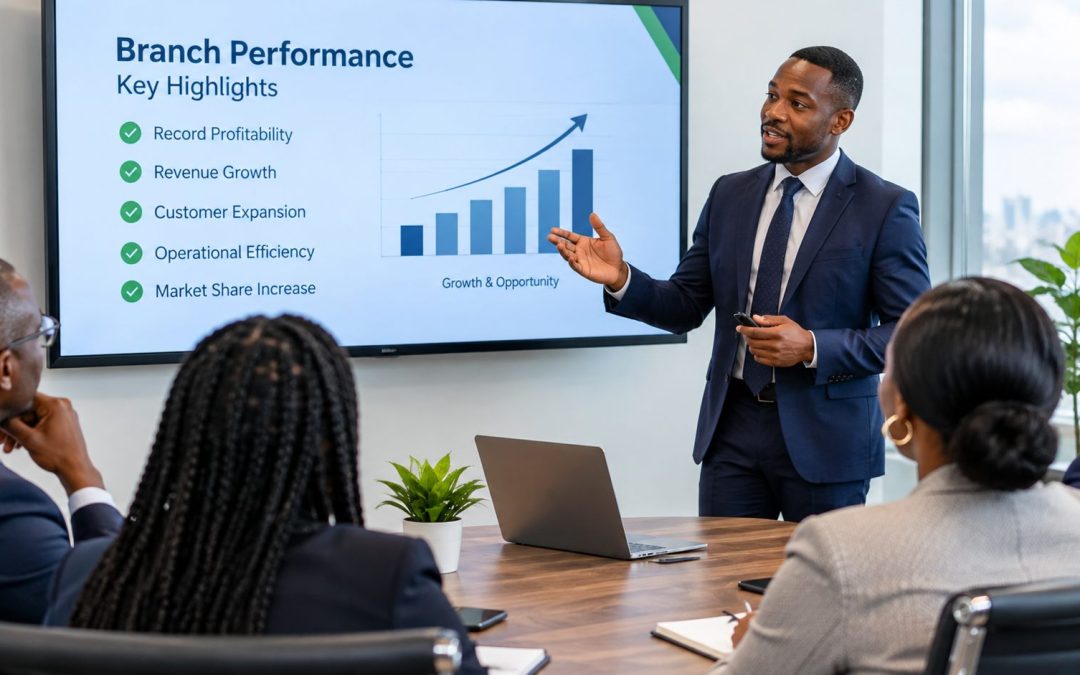 Professional presenting business performance results to a management team